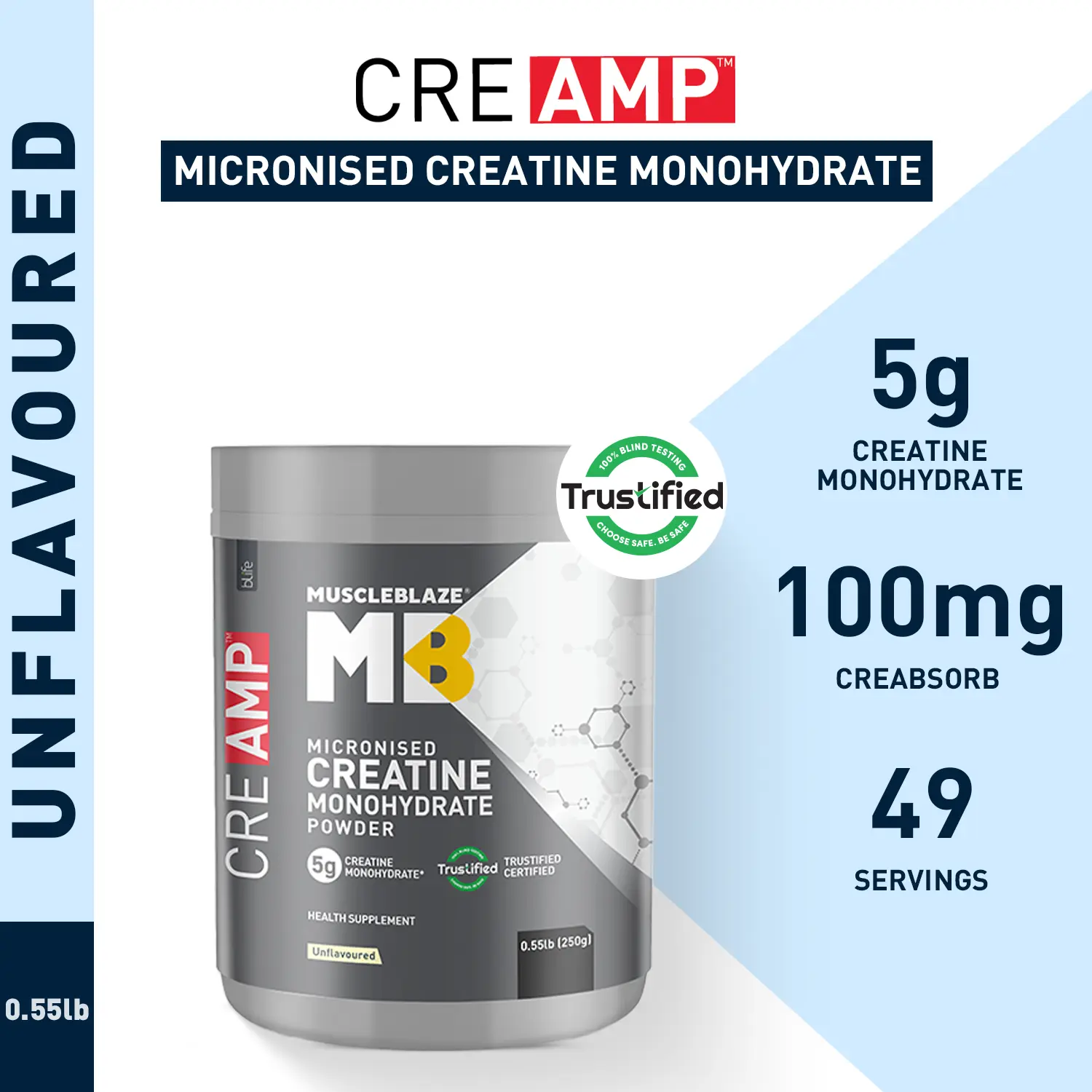 MuscleBlaze CreAMP Micronised Creatine Monohydrate (Unflavoured, 0.55lbs / 250g) | Enhanced Absorption | Boosts Strength, Power & Endurance