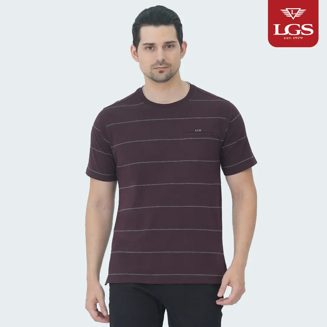 LGS - Kaos Pria Lengan Pendek - Tshirt - Katun Premium - Motif Salur Stripe Series - Regular Fit - Merah Maroon - CTS.223.S3443.01.C