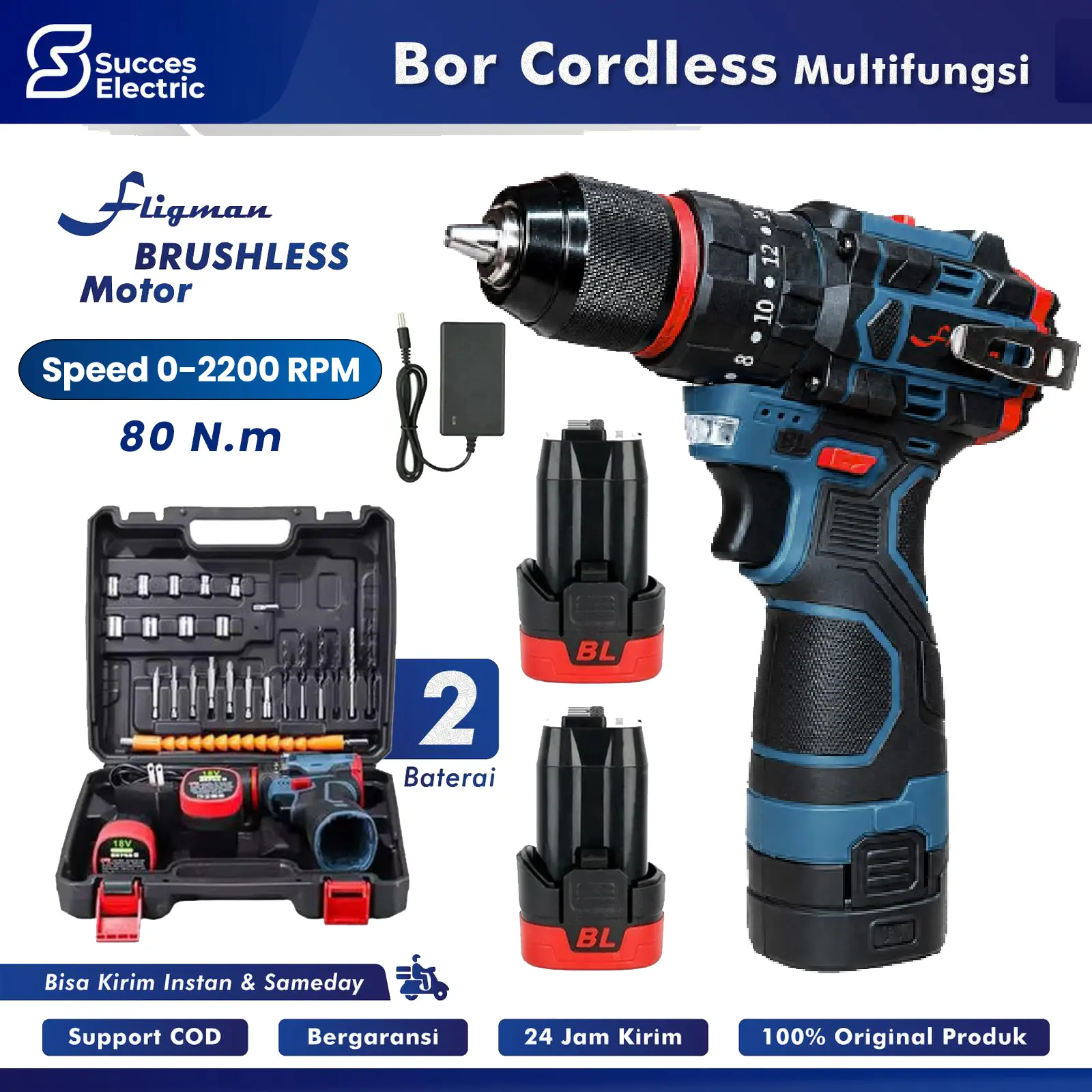 FLIGMAN Bor Tangan Brushless 16.8V | Obeng Listrik Rechargeable Set Lengkap Brushless 10MM 2 Baterai Screwdriver Bor Tangan Multifunsi 2Baterai 16,8V Fullset Lengkap - Fligman