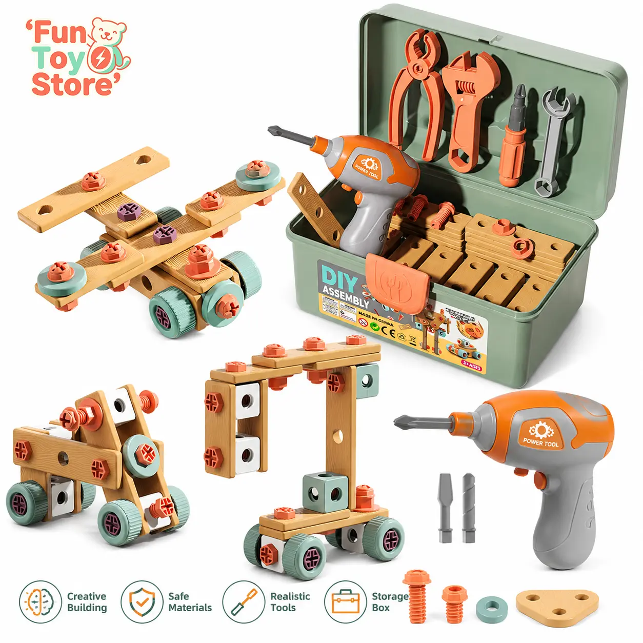 Mainan Bor Anak Elektrik 147PCS DIY Tool Set Bongkar Pasang - Kotak Perkakas Edukasi STEM Creative Building Toys