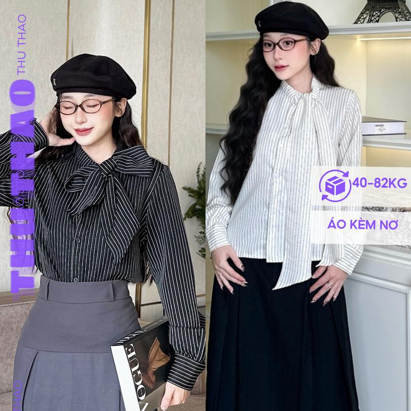  Áo sơ mi nữ kèm dây nơ dài tay kẻ sọc sang trọng mặc được nhiều kiểu form đẹp có BIGSIZE  40-85kg . 