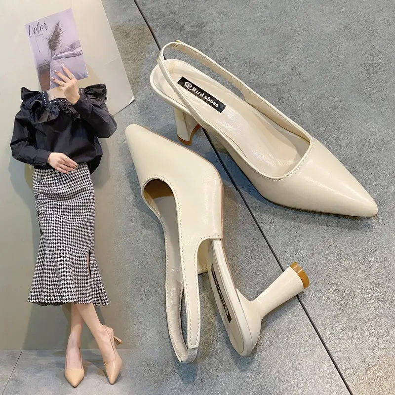 Sepatu Hak Tinggi High Slingback Heels Kerja Kantor Putih Wanita Hitam 7.5cm Kekinian Import Strap Tali Belakang Murah Terbaru Korea Ujung Lancip Premium Elegan Wisuda Tertutup Depan Korean Style Shoes - Ukuran 35 36 37 38 39 40