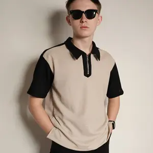 OUSE Nolan Polo shirt zipper two-tone Pria Korean Knit baju Polo Shirt Pria Salur Besar resleting Dengan Cutting regular Fit Kerah Pendek two-tone half zipper  Casual pendek Unisex