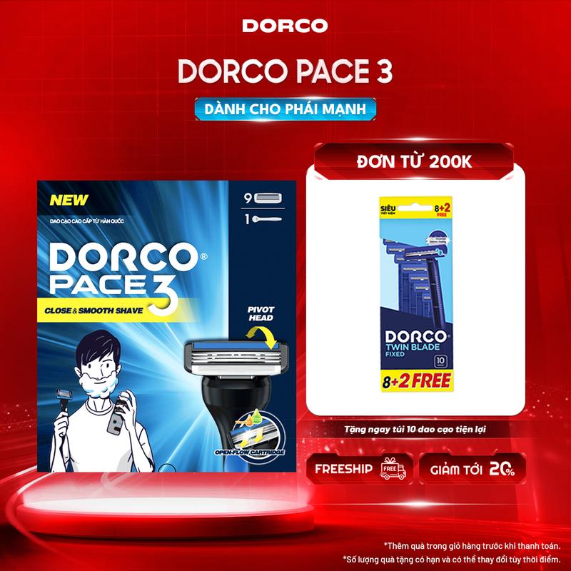 DORCO PACE 3 - Dao Cạo Râu Hàn Quốc 3 Lưỡi - Hộp Gồm 1 Cán và 9 Đầu Cạo
