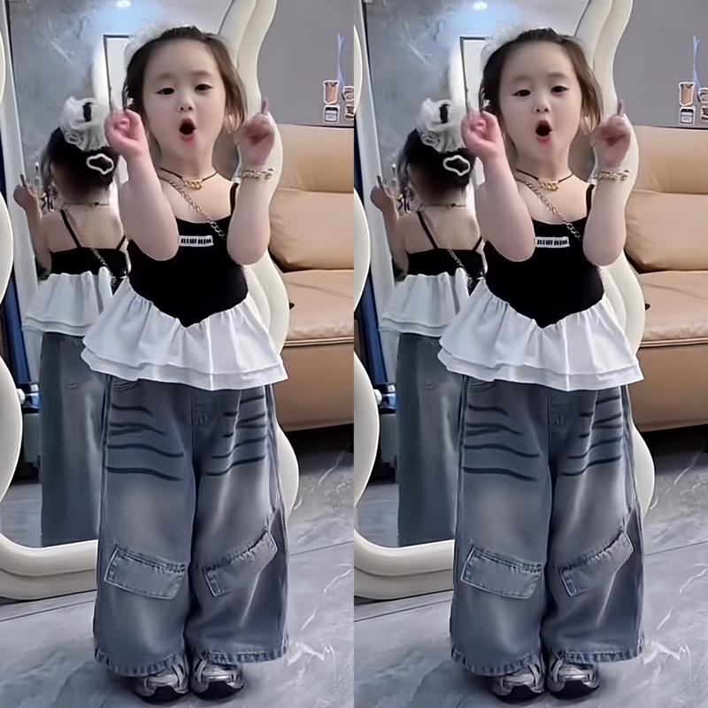 (Shopmesockids) Sét áo 2 dây babydoll mix quần jean dài ống xuông cho bé gái