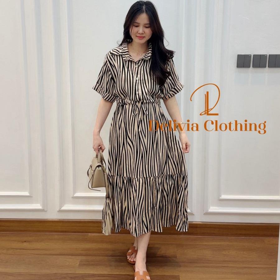 Delivia - Midi Dress Zebra Rayon Armoure Premium 5110-11/12 Casual Wanita Katun Motif Salur Zebra Busui Friendly Size M & XL