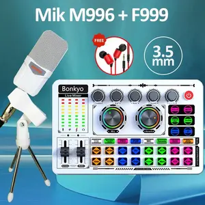 Bonkyo F999 Live Sound Card & Mik M996 Set Soundcard Digital DSP 5.1 Channel Surround Mikrofon Metal Pengurangan Kebisingan dan Efek Suara Khusus untuk Siaran Langsung Karaoke HP PC Mac