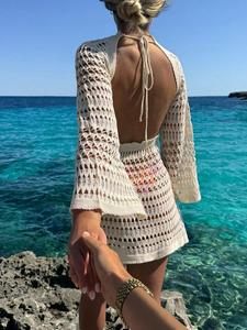 Vestido liso con detalles calados para mujer, cubreplaya de manga larga y espalda descubierta, moda veraniega al aire libre, cómodo para todas las estaciones Gx2609