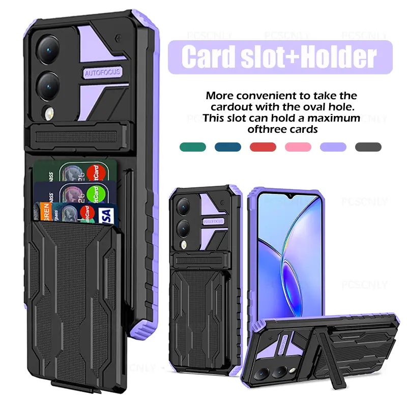 Card Holder Phone Case For VIVO Y17S Casing Shockproof Armor Stand Hard Back Cover Multifunctional