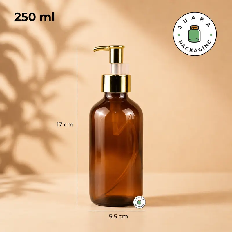 Botol Kaca Amber Coklat Pump Gold 500ml 250ml – Wadah Sabun Cair Lotion Shampoo Skincare Minyak Aromaterapi Refill Botol Kosmetik Isi Ulang Tebal Elegan dengan Tutup Pump Warna Emas Premium