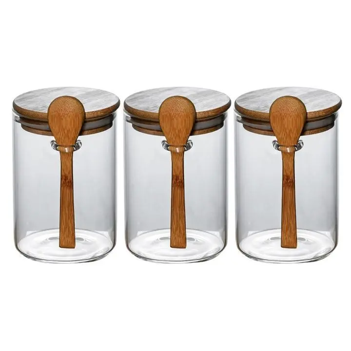 Sendok Kayu Toples Kaca Penyimpanan Bumbu Dapur Kedap Udara Tutup Bulat Borosilicate Glass Jar 0