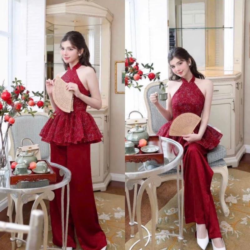  SET ÁO YẾM XÔ ÁNH KIM KÈM QUẦN DÀI ỐNG RỘNG mặc Tết đi chùa chụp ảnh....Nữ 