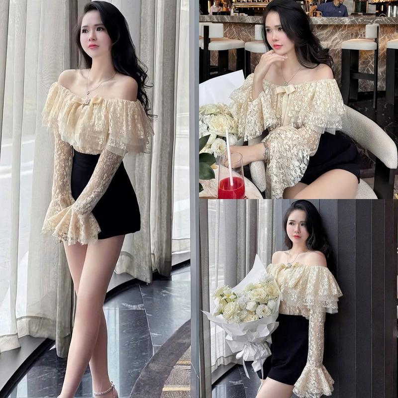 Set đồ nữ áo ren lưới thiết kế trễ vai tay dài loe họa tiết hoa kèm quần đùi xinh xắn dành cho các nàng diện đi chơi đi tiệc.