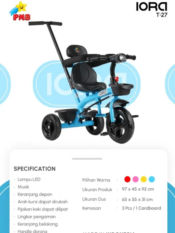 TRICYCLE IORA PMB T27 SEPEDA RODA TIGA ANAK | SEPEDA ANAK RODA TIGA | TRICYCLE ANAK | SEPEDA ANAK MURAH | KADO ANAK | KADO ULTAH ANAK 0