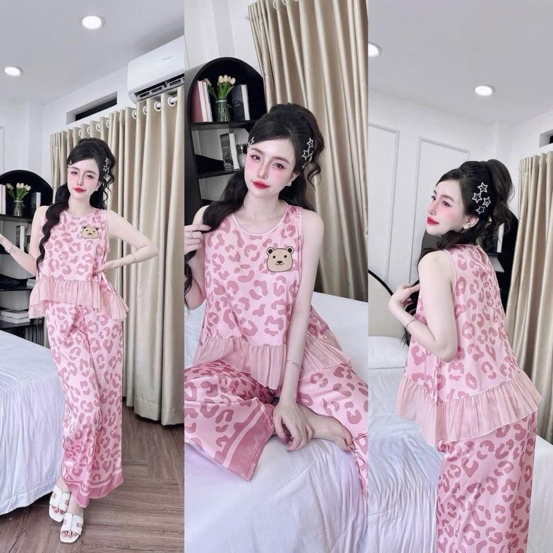  40_ 60kg  Bộ sát nách quần dài bộ cổ tròn lụa latin mịn phối tơ mềm quần có túi  bộ mặc nhà xinh  bộ sát nách nữ mặc nhà. 