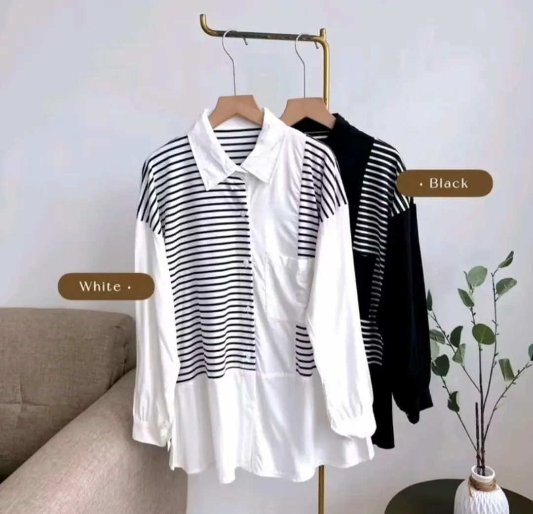 Daima Kemeja Wanita Baju Formal Casual Busui Pollo Linen Kombinasi Salur Nyaman by G'ibyi.id Katun - Kotak, Motif, Panjang, Kancing, Atasan, Toyobo, Hitam, Pendek, Kain
