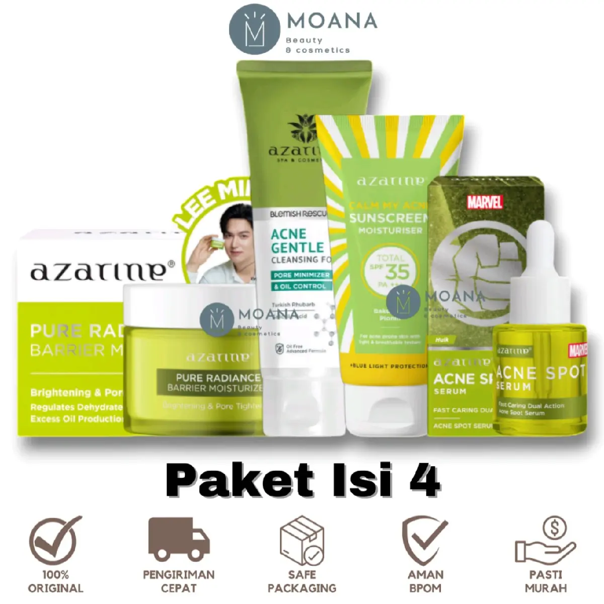 [Isi 4] Paket Azarine Acne Series | Sunscreen Calm My Acne + Moisturizer Pure Radiance + Acne Spot Serum + Cleansing Foam | Paket Perawatan Jerawat Azarine