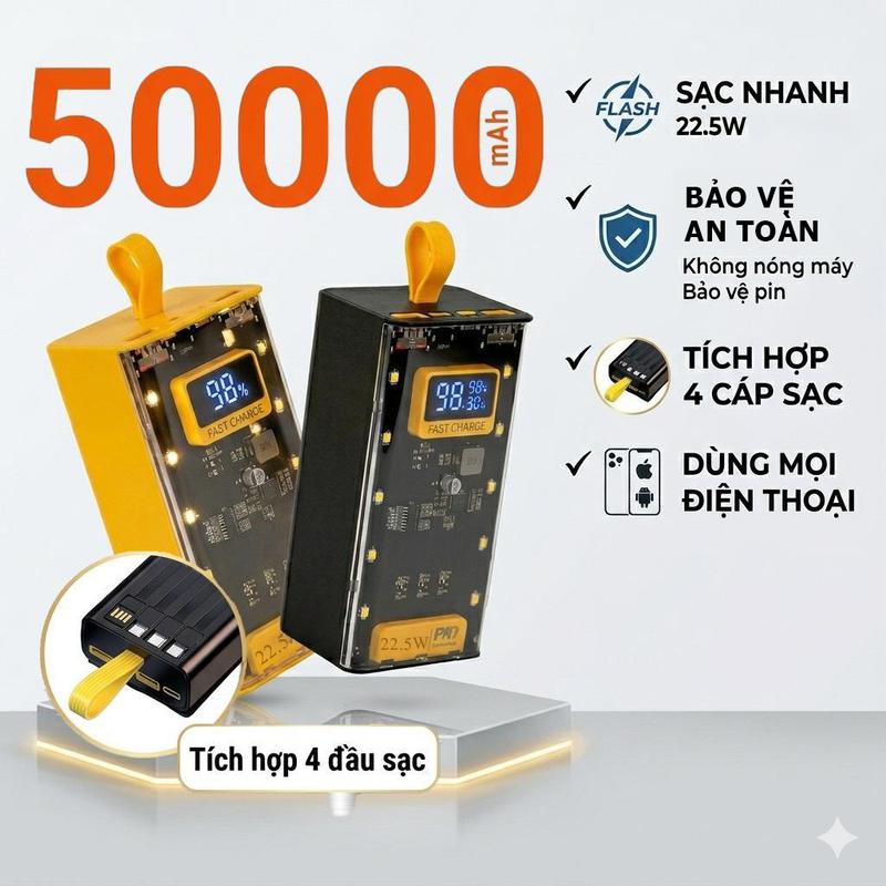 Sạc Dự Phòng 50000mAh 30000mAh Sạc Nhanh 22,5W Tích Hợp 4 Dây Sạc Pin Dự Phòng LED Hiển Thị Dung Lượng