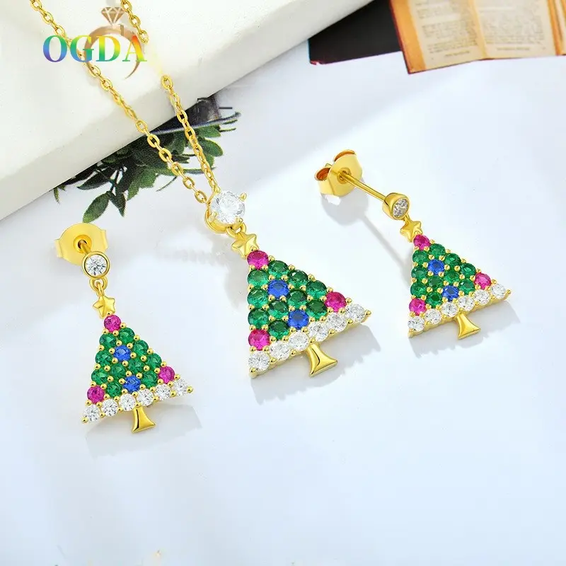 【OGDA】Christmas earrings light luxury high end jewelry S925 pure silver diamond golden green Christmas tree pendant eardrops earrings necklace Christmas accessories gifts for girlfriend