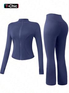 Ropa deportiva de yoga para mujer, chaqueta entallada con cremallera para gimnasio, pantalón de pierna ancha y manga larga, conjunto cómodo para correr, 2 piezas