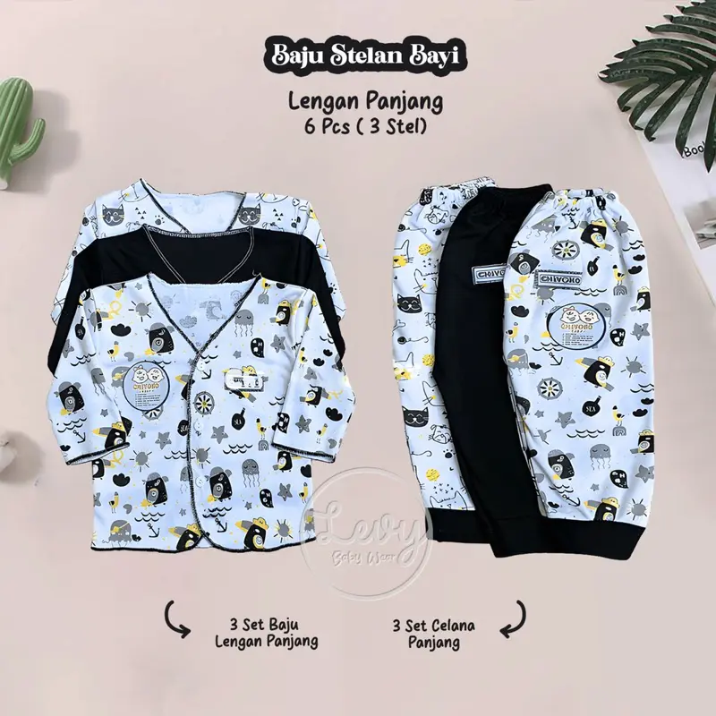 Chiyoko Baby 6Pcs/3 Stel Baju Bayi Panjang Celana Bayi Setelan Bayi Series 4