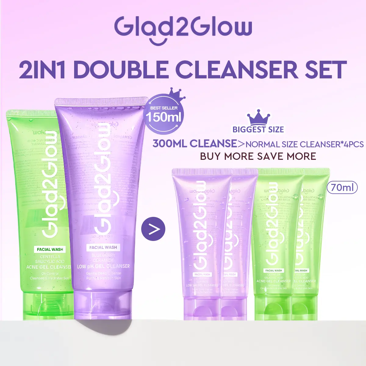 【Jumbo 2PCS】Glad2Glow 2in1 Skincare Set-Gel Cleanser 150ml + Barrier Moist 100g / Acne Cleaser +Kiwi Moist- Perawatan Kulit Berjerawat Sensitif dengan Blueberry Centella Ceramide Acid Complex untuk Menenangkan Kemerahan Mengontrol Minyak Melembabkan