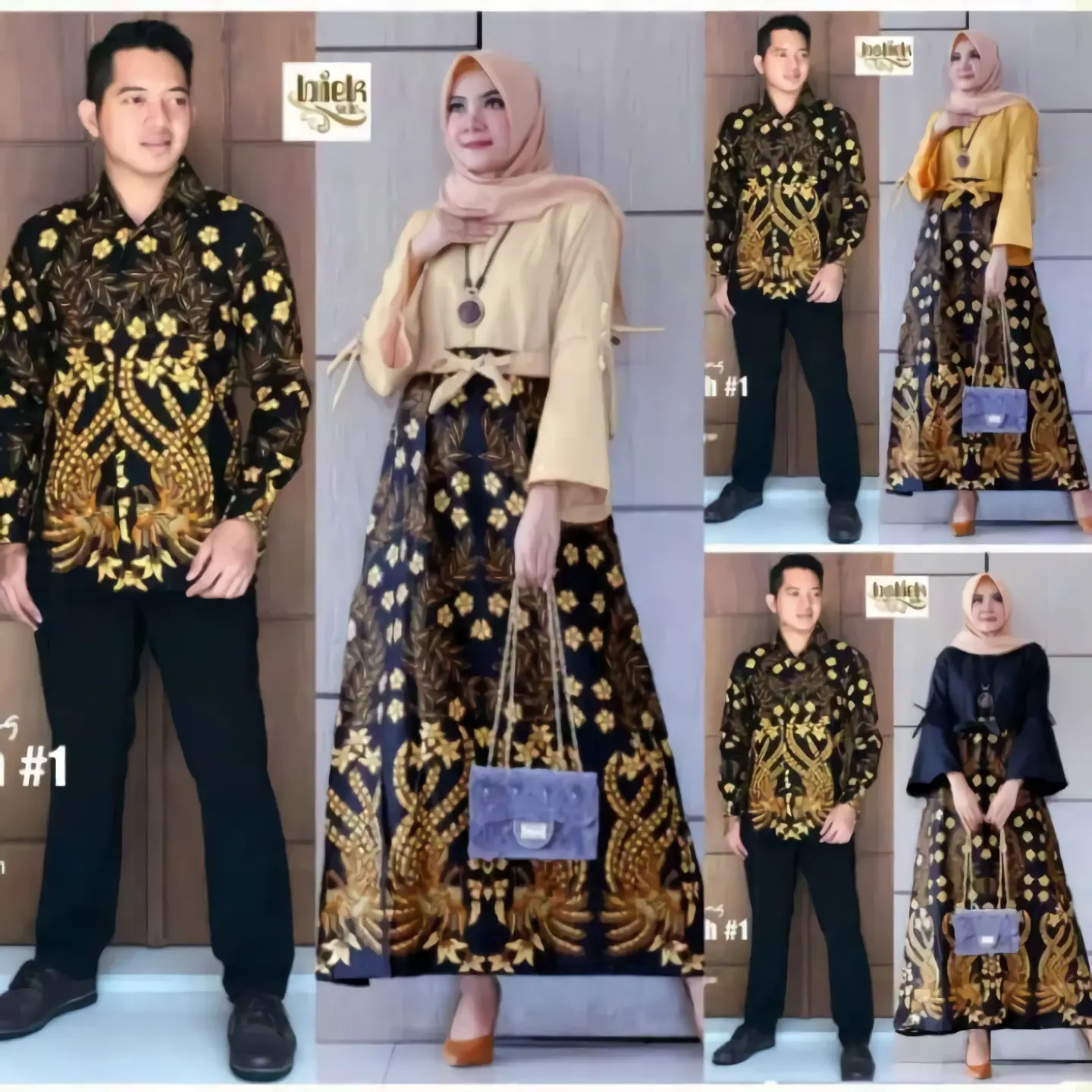 COUPLE GAMIS JUMBO KEMEJA PANJANG MOTIF MERAK BALOTELLI HITAM CREAM GOLD