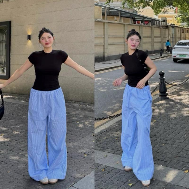 Set Bộ Bigsize Mùa Hè Trẻ Trung Quần Đũi Sọc Lưng Cao Chín Tấc Ống Rộng Mix Áo Babytee Vải Tăm QC Cao Cấp Mặc Nhà Đi Du Lịch Cho Nữ Chuppy 50-95Kg G244 Q560