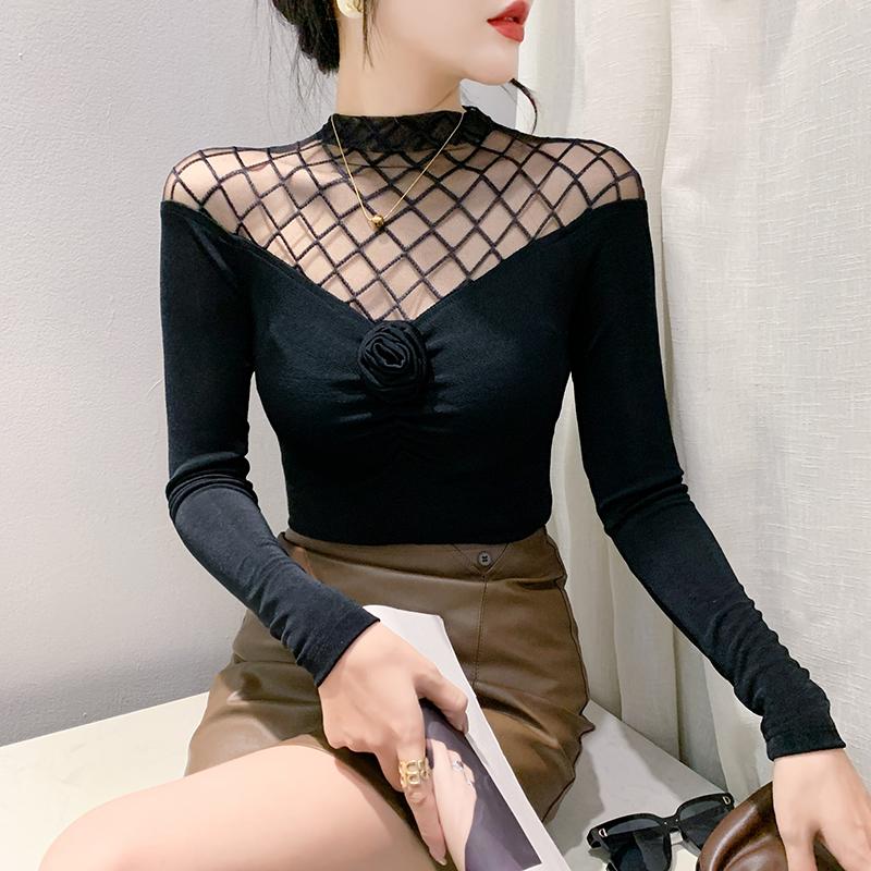 Áo Thun Nữ, DL, Cổ Giả, Phong Cách Phương Tây, Trễ Vai, Áo Chui Đầu, Xếp Ly Hoa Hồng, Màu Đen, Bó Sát Và Đẹp, Gợi Cảm, Làm Bằng Bông