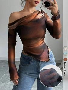 Camiseta de manga larga para mujer, cómoda y ajustada, con diseño de hombro caído y estampado, ideal para uso diario