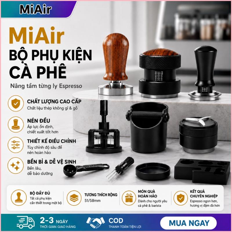 Miair Phụ kiện cà phê Búa nén bột cà phê, kim rây bột cà phê,Hợp kim nhôm, gỗ óc