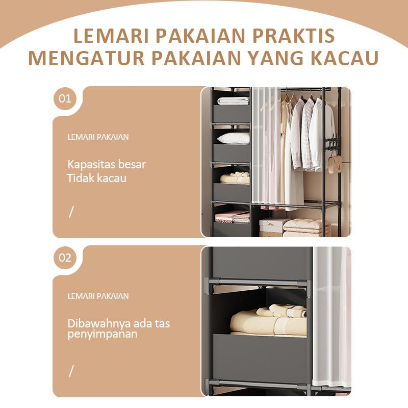 COD Rak Gantungan Pakaian Wardrobe Clothes Storage Rack Stand Hanger Rak Lemari Pakaian Minimalis Rak Penyimpanan Dengan Tirai Laci Portable