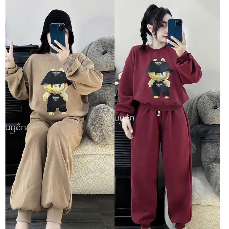 Set bộ mùa đông dưới 55kg bộ nỉ nữ mặc nhà bộ quần áo dài thun đông chất liệu nỉ bông in gấu 2 tai