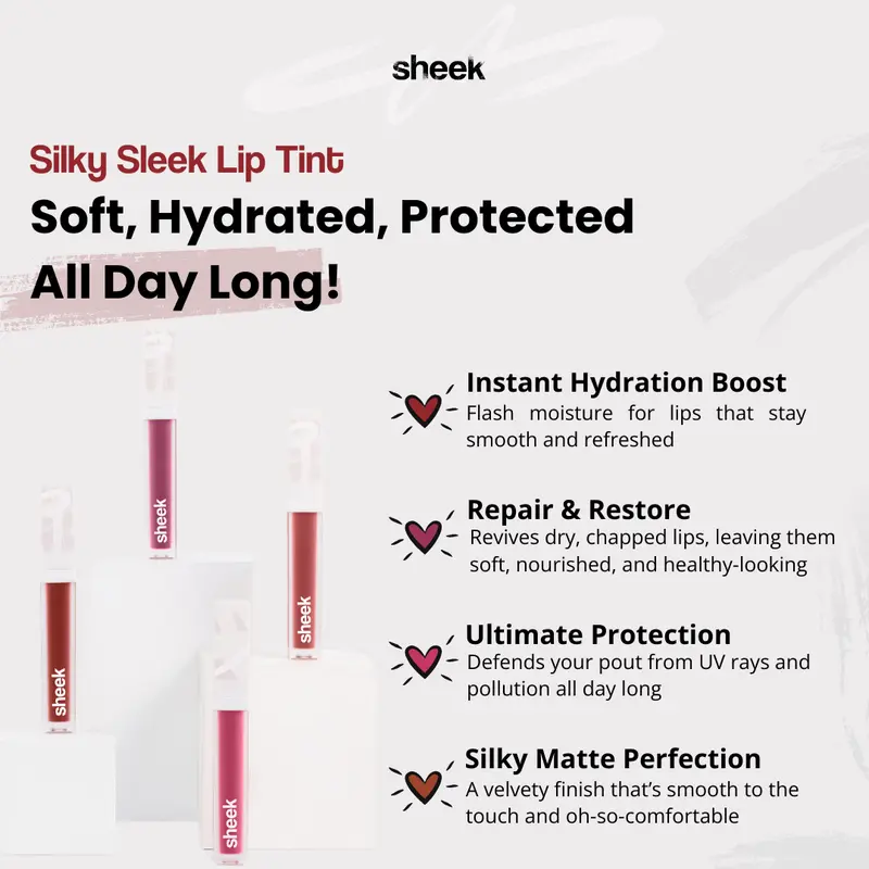 SHEEK Silky Sleek Lip Tint - All The Sheek You Need  [BUNDLNG 4 PCS] [Lip Tint 5g] Matte Finish Long Lasting Lip Tint Waterproof Brown Girl Brown Girl Lipstick Red Lipstik Paint 1
