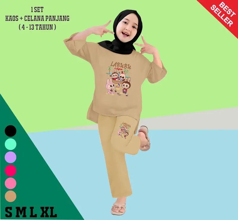 Setelan Kaos Anak Perempuan Celana Panjang Labubu Cafe Fashion Usia 4-13 Tahun Baju 1