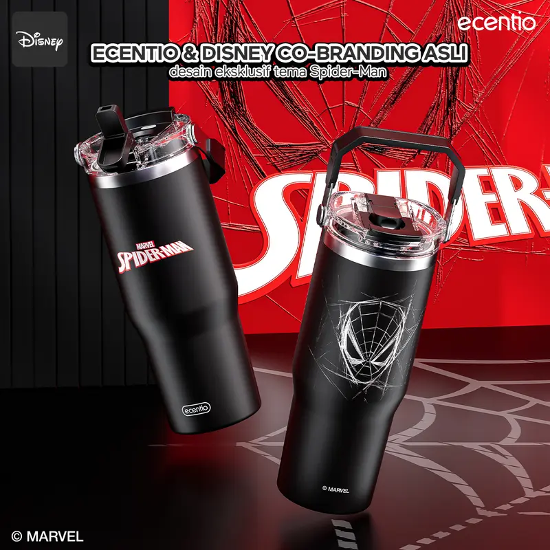 【LIVE】ecentio Tumbler Stainless Vacuum Spider-man 900ml Original Disney Marvel Portable Thermos Botol minum besar 1