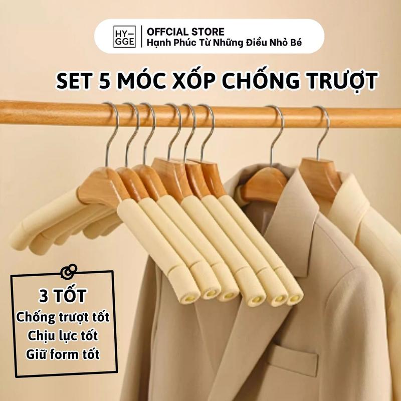  Set 5 Móc Áo Gỗ Kèm Xốp Chống Trượt Tiện Lợi Chịu Lực Tốt Giữ Nếp Chống Nhăn Thiết Kế Sang Trọng 