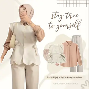 Dreamora Outfit - Setelan wanita hijab style ( Kemeja + Vest Cantik + celana 4in1 MURAH DM0108N Baju Basic Katun Muslim Panjang Semi Atasan Formal one  set  vest  celana  panjang baju  ootd  set  outfit vest  set set  korean  style  outfit Bawahan Casual