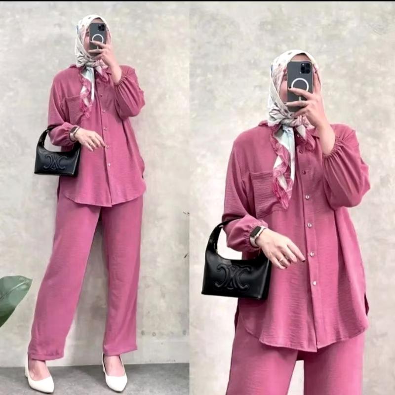 One Set Cargo Crinkle Airflow | Setelan Langan Panjang Celana Cargo Terbaru | Best Seller Kekinian Atasan dan Bawahan Ternyaman | One Set Korean Style All Size Fit To XL | terbaru Variasi Kulot Dewasa Tunik Baju Kancing Loose Linen 4