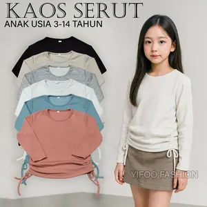 Yifoo Fashion Baju Serut Anak Perempuan Lengan Panjang Usia 3-14 Tahun Bahan Knit Nyaman & Stylish Cocok untuk Berbagai Aktivitas