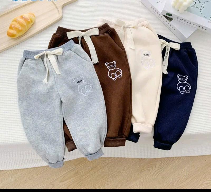 Quần nỉ bông cho bé trai bé gái thêu hình Gấu, Quần dài thu đông cho bé chất nỉ bông cao cấp size từ 10-28kg quần  bò