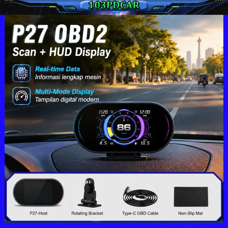 (Original)P27 OBD GPS HUD Pengukur Mobil RPM Suhu Kecepatan Konsumsi Bahan Bakar Turbo 0-100 Uji Alarm Kelelahan Berkendara