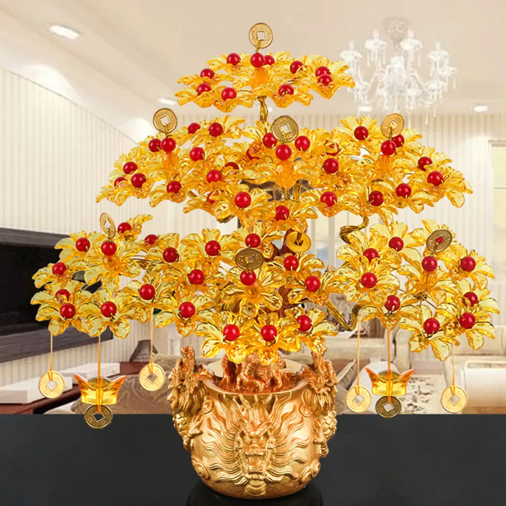 Good Luck DIY Money Tree Feng Shui Lucky Crafts Bonsai Wealth Fortune Statue Prosperity for Home Furnishings Table Shop Ornament