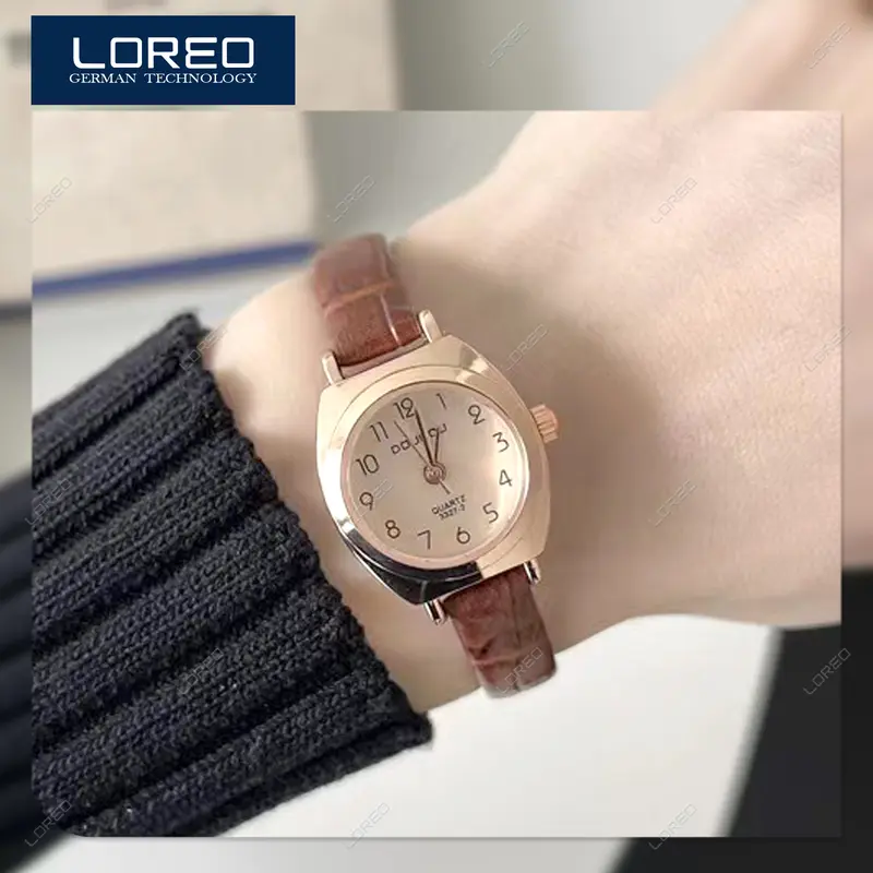 Loreo - Jam Tangan Wanita Tali Kecil Analog Quartz Watch Gaya Retro Strap Pu Croco 0