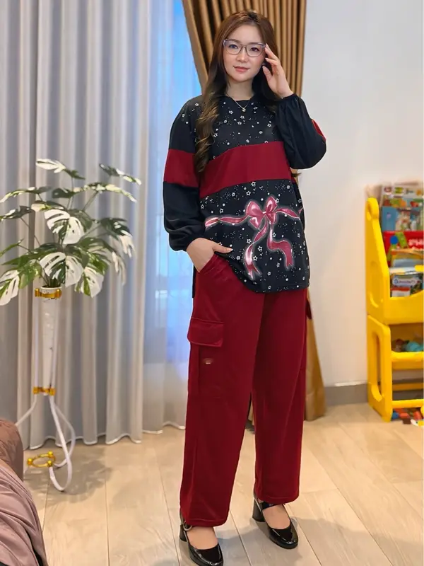 Setelan Cargo Lengan Panjang Oversize Terbaru LD 120 CM Setelan Wanita Atasan Lengan Karet dan Celana Cargo Fashion Muslim SR5632 1