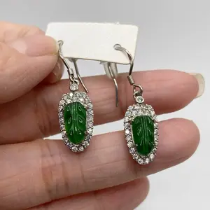 Giok jadeite feicui tipeA anting perak s925 ukiran daun sirih