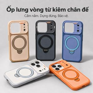 Ốp lưng có giá đỡ xoay cho iPhone 17 16 15 14 13 12 11 Pro Max, bảo vệ toàn viền, chống rơi, hỗ trợ xem ngang dọc, viền camera nâng cao, khoét lỗ chính xác, cầm chắc tay, phù hợp xem video, làm việc, du lịch và dùng hằng ngày