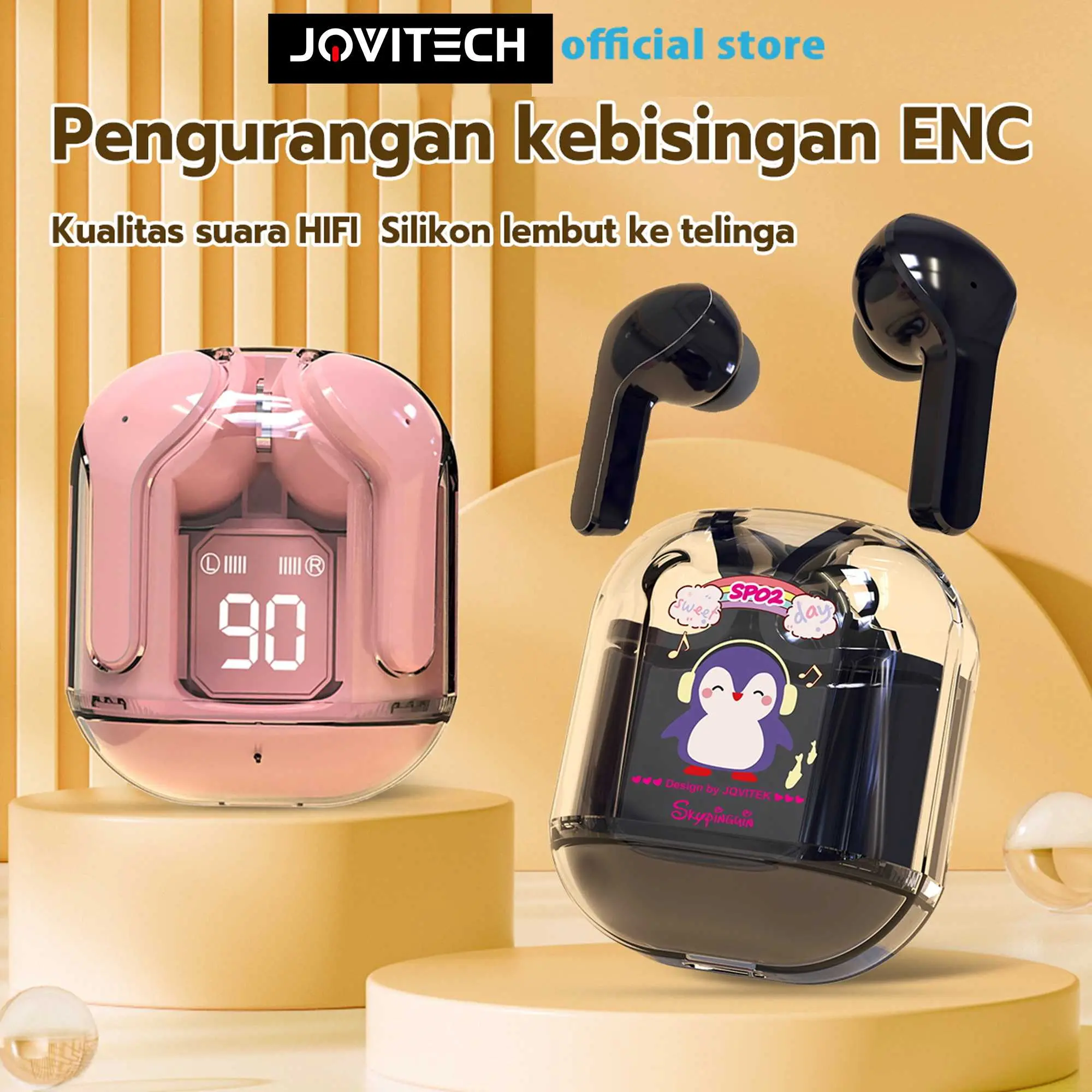 【COD】Jovitech Penguin Karakter SP02 Earphone Bluetooth Nirkabel LED Battery Display Latensi Rendah Headset Cute Character