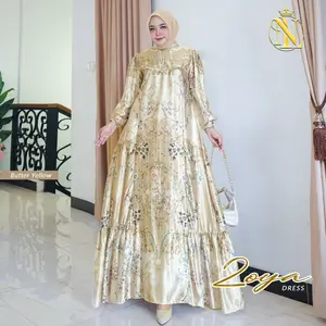 Nalafashion Zoya Dress bahan Armanny Silk motif  Bunga dengan model Lengan balon pergelangan tangan smoke Panjang Ruffle di Bawah