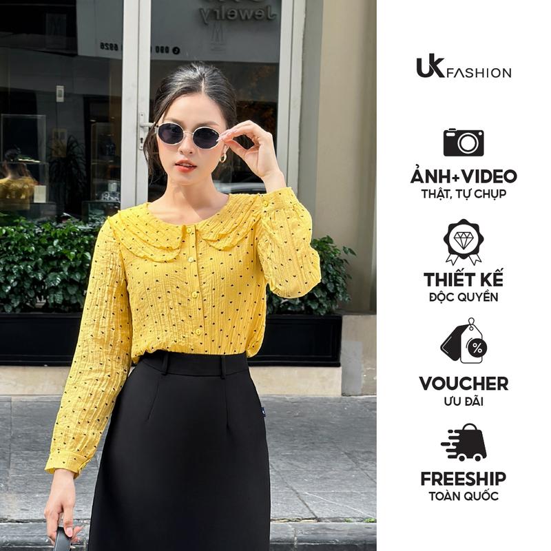 Áo Sơ Mi Chấm Hoa Cổ Bèo Kép UK Fashion Công Sở Nữ Thanh Lịch, Trẻ Trung Vải Mềm Mịn Top UKFSM2409015